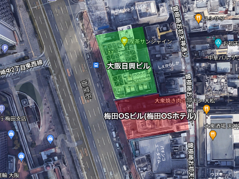 梅田OSビル(梅田OSホテル)&大阪日興ビル再開発 位置図