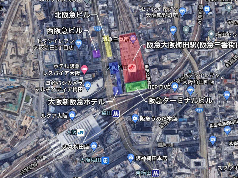 阪急大阪梅田駅ターミナル再開発(新阪急ホテル&阪急ターミナルビルなど) 位置図