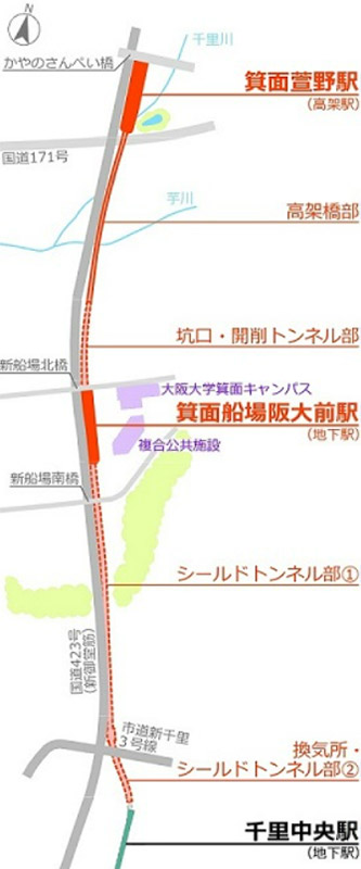 北大阪急行電鉄延伸工事 位置図